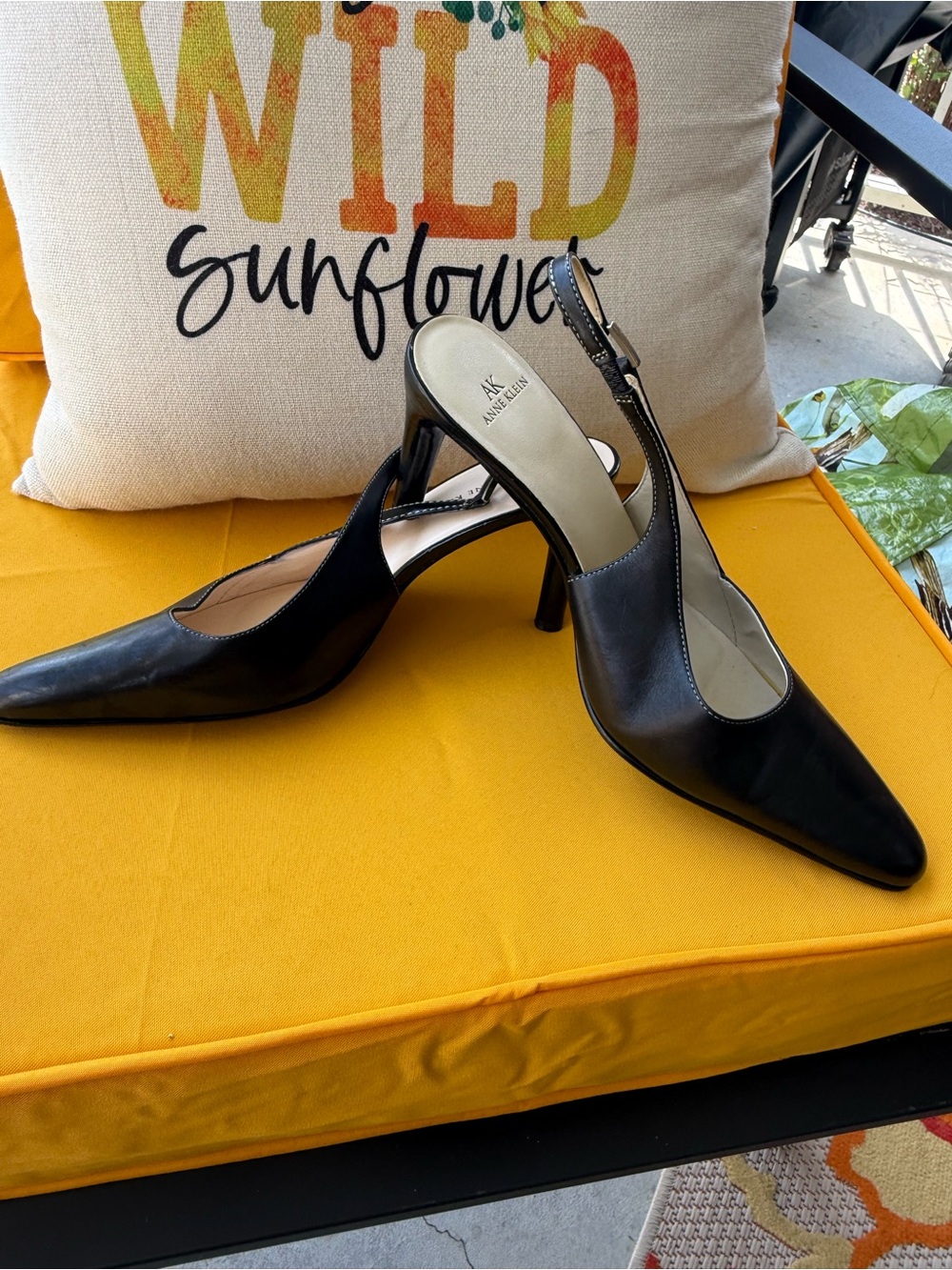 Anne Klein Black Leather Pointed Slingback Heels